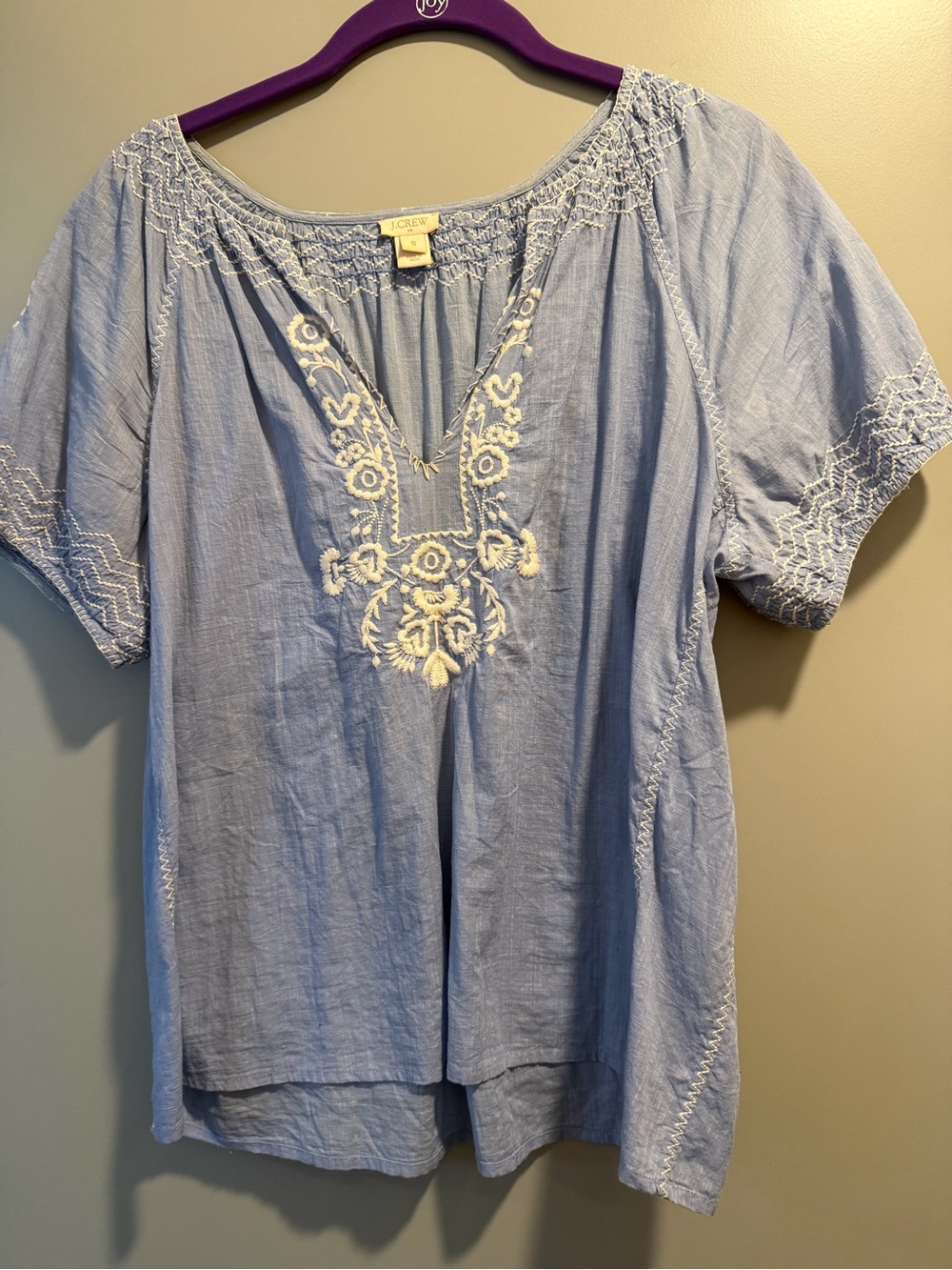 J. Crew Light Blue Embroidered Peasant Blouse